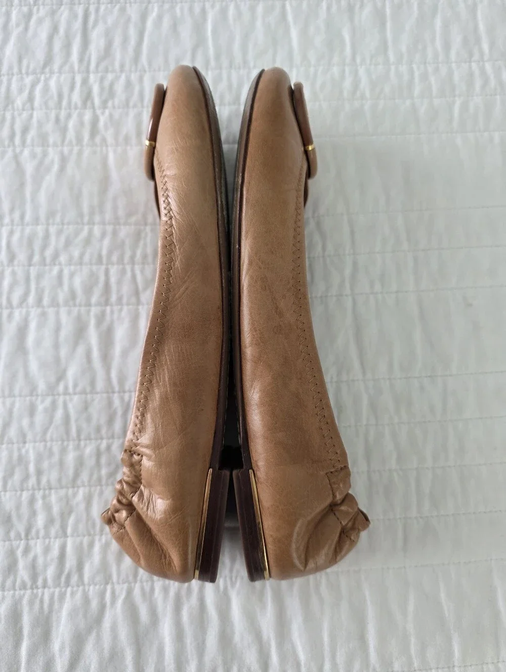 Tory Burch Multi Logo Tan Leather Reva Ballet Flats Size 9